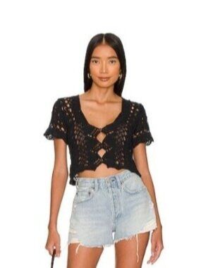 Free People x Revolve Jilly Black Crochet Open Knit Cardigan cropped size Large